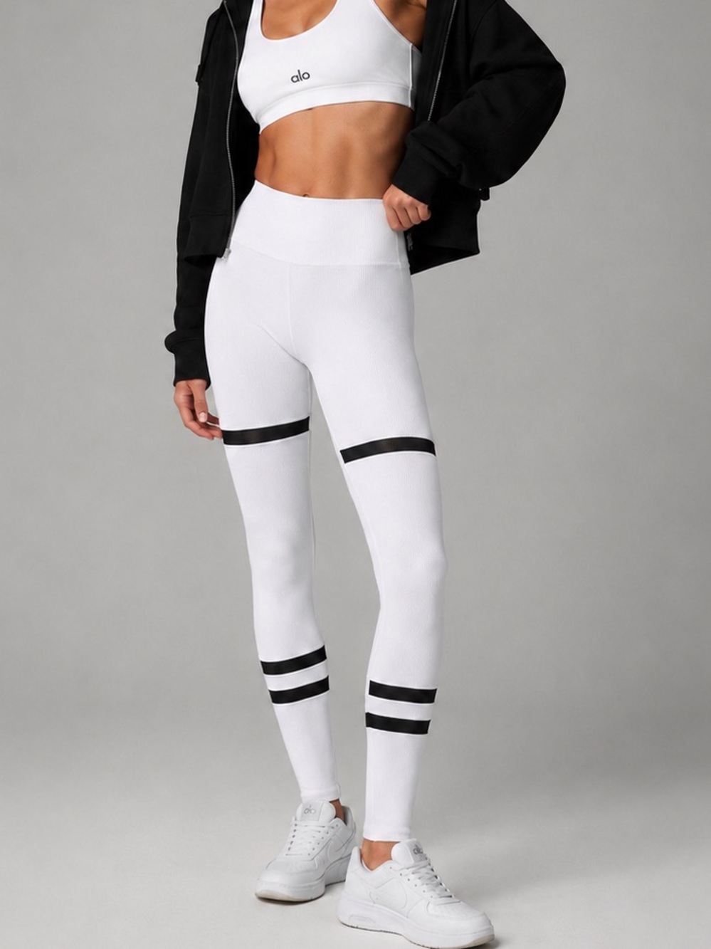 ALO Yoga The Legit Leggings White Black Varsity Striped Ribbed Leg SZ Small NWOT